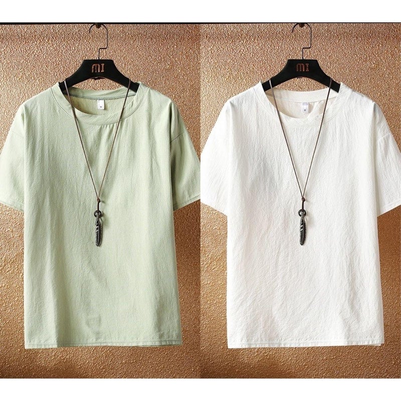 Linen Short-sleeved T-shirt Men's Summer Thin Cotton and Linen Vintage T-shirt Round Neck Loose plus size Trendy Solid Color Base Shirt - Image 4