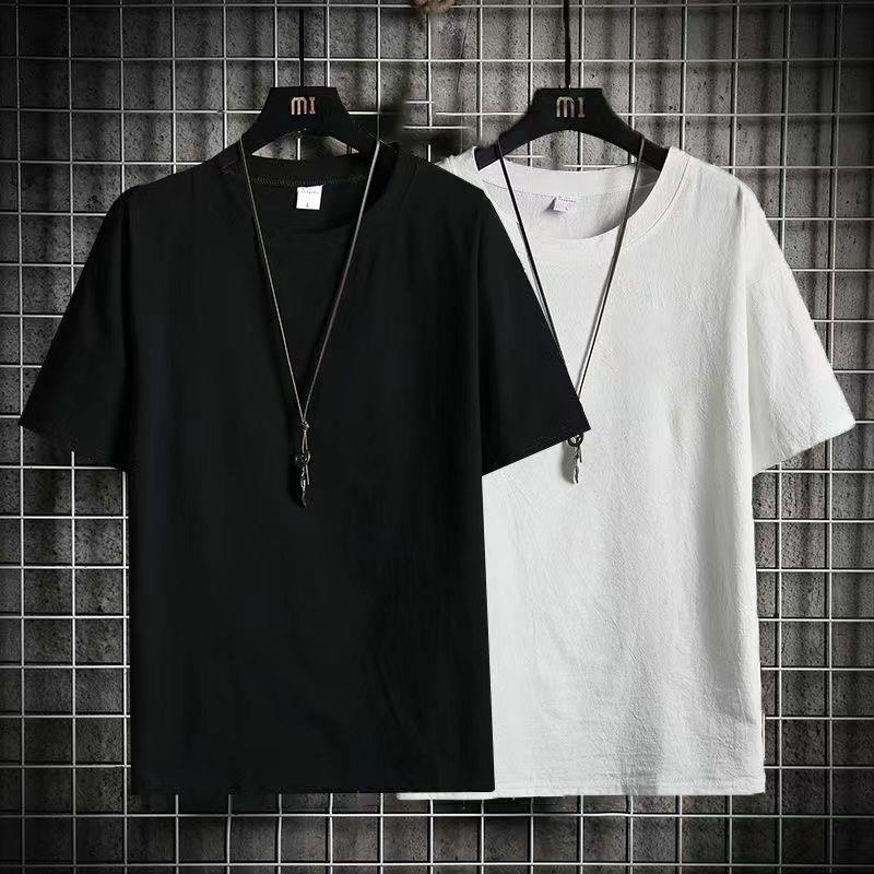 Linen Short-sleeved T-shirt Men's Summer Thin Cotton and Linen Vintage T-shirt Round Neck Loose plus size Trendy Solid Color Base Shirt - Image 3