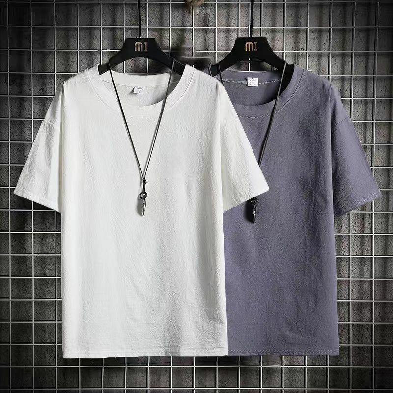 Linen Short-sleeved T-shirt Men's Summer Thin Cotton and Linen Vintage T-shirt Round Neck Loose plus size Trendy Solid Color Base Shirt - Image 5