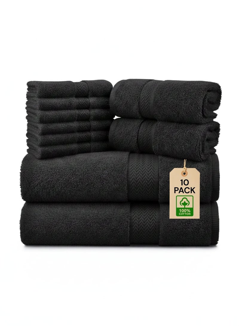 1 تشيس طقم مناشف قطنية 100% مكون من 10 قطع - 600 جرام/متر مربع، فاخر، أسود اللون، مناسب للحمام واليدين والغسيل - Image 1