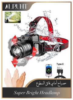 Alruht LED Headlamp, Rechargeable Head Light, 360° Adjustable Angle Headlight with 5 Modes Ipx6, Waterproof, Motion Sensor, Headlight for Fishing, Camping, Hiking  - Image 1
