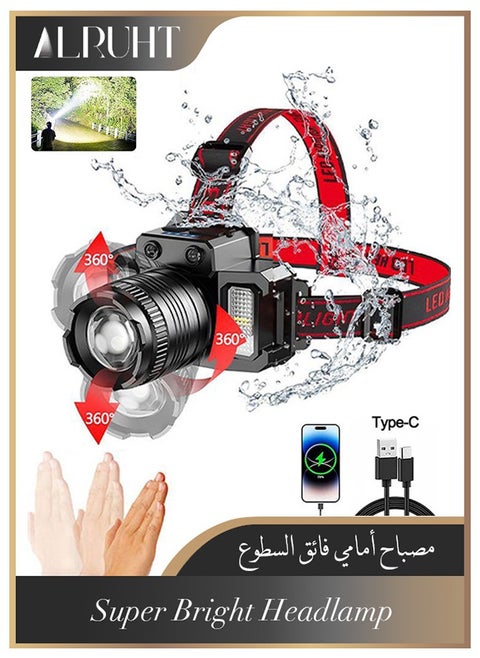 كشافات قابلة للشحن ، مصباح أمامي بزاوية 360 درجة قابل للتعديل مع 5 أوضاع Ipx6 ، مقاوم للماء ، مستشعر الحركة ، مصباح أمامي لصيد الأسماك ، التخييم ، المشي لمسافات طويلة