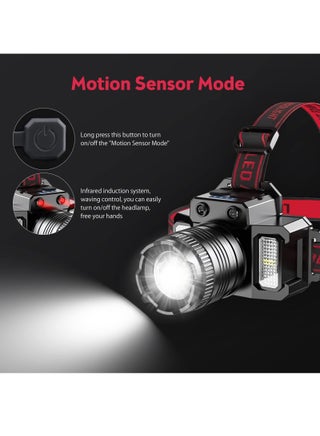 LED Headlamp, Rechargeable Head Light, 360° Adjustable Angle Headlight with 5 Modes Ipx6, Waterproof, Motion Sensor, Headlight for Fishing, Camping, Hiking - view 3