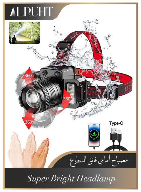 LED Headlamp, Rechargeable Head Light, 360° Adjustable Angle Headlight with 5 Modes Ipx6, Waterproof, Motion Sensor, Headlight for Fishing, Camping, Hiking