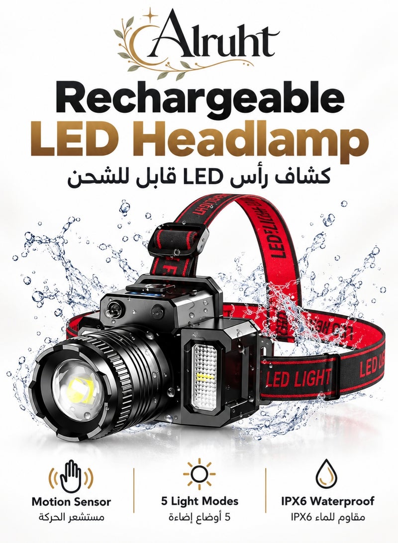 Alruht Rechargeable LED Headlamp, 360 Degree Adjustable Motion Sensor Headlight with 5 Lighting Modes, IPX6 Waterproof Head Lamp for Camping, Hiking, Fishing, Running and Emergency Use - Image 1
