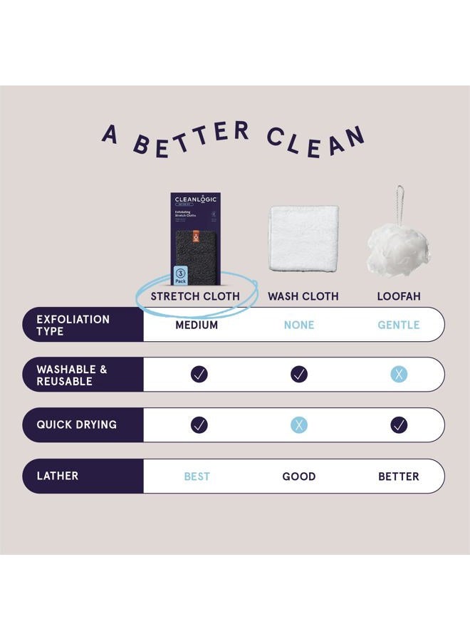 cleanlogic Body Exfoliating Cloth, Stretchy Detox Charcoal Infused Exfoliator Bath and Shower Washcloths, Reusable Daily Skincare Tool, 3 Count Value Pack - Image 5