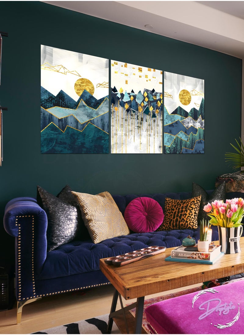 Droplyte 3 Piece Multicolor Abstract Sun and Mountains Painting Decorative Wall Art Wall Decor Card Board MDF Home Decor for Living Room, Drawing Room, Office Room and Bedroom 120CM x 60CM  - Image 1