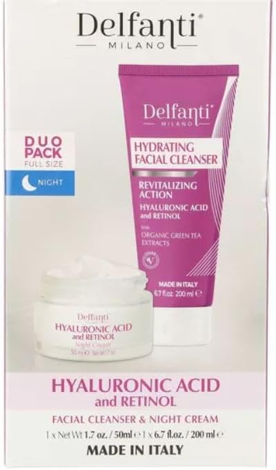 Delfanti Milano Hydrating Facial Cleanser 200mL Hyaluronic Acid Retinol Night Cream 50mL Duo Pack Full Size Made in Italy