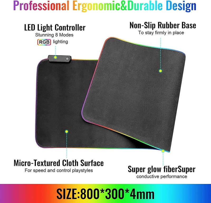 SKY-TOUCH Gaming Mouse Pad, Extra Large Soft Led Extended Mouse Pad (10 Lighting Modes), Anti-Slip Rubber Base Computer Keyboard Mat, Black, Grb Mouse - Image 3