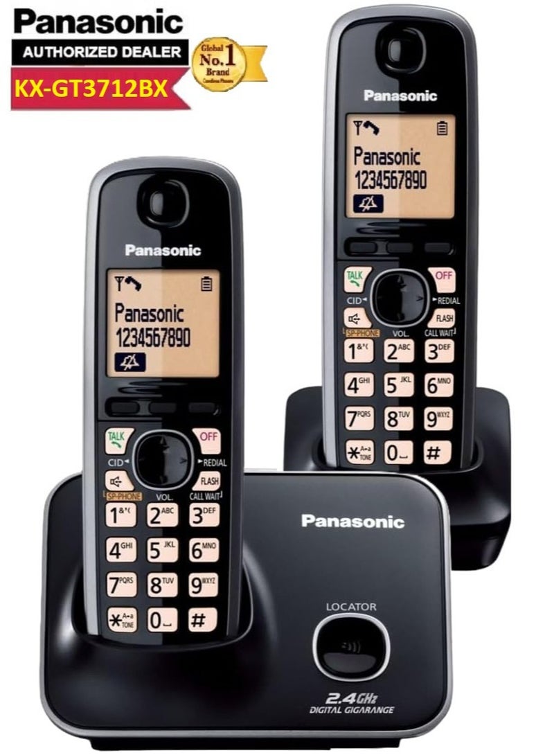 باناسونيك هاتف باناسونيك KX-TG3712BX اللاسلكي ديجيتال ببطارية ليثيوم أيون 2.4 جيجاهرتز وشاشة LCD بإضاءة خلفية كهرمانية وخاصية معرف المتصل والوقت مع 2 سماعة هاتف - Image 1