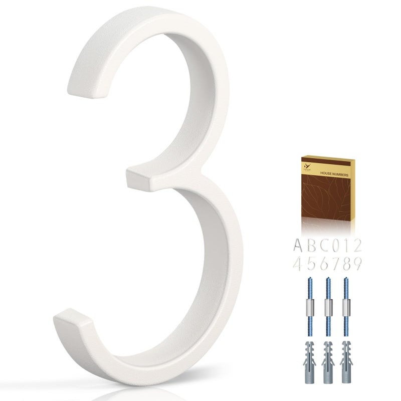 YIPLED 5 Inch House Numbers for Outside, Metal Address Number 3- Modern Design, Weather-Resistant White Crystal Powder Coated Finish, Stain Resistant, No Paint Peeling (White) - Image 1