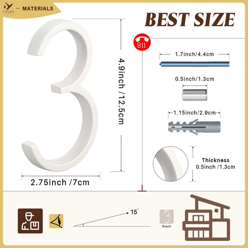 YIPLED 5 Inch House Numbers for Outside, Metal Address Number 3- Modern Design, Weather-Resistant White Crystal Powder Coated Finish, Stain Resistant, No Paint Peeling (White) - Image 3