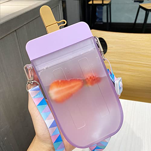AXLOFO® Cute Water Bottle with Straw - 300 ML Creative Ice Cream Popsicle Cups Adjustable Shoulder Strap for School Girls, BPA Free Kawaii Drinking Bottles (purple) - Image 1