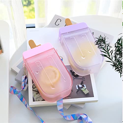 AXLOFO® Cute Water Bottle with Straw - 300 ML Creative Ice Cream Popsicle Cups Adjustable Shoulder Strap for School Girls, BPA Free Kawaii Drinking Bottles (purple) - Image 3
