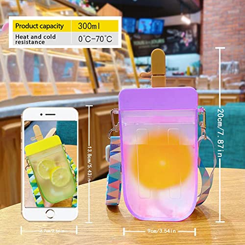 AXLOFO® Cute Water Bottle with Straw - 300 ML Creative Ice Cream Popsicle Cups Adjustable Shoulder Strap for School Girls, BPA Free Kawaii Drinking Bottles (purple) - Image 2