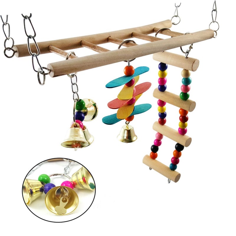 Wooden Parrot Swing Stand Stair Perch Colorful Bird Cage Accessory 30x23cm - Image 3