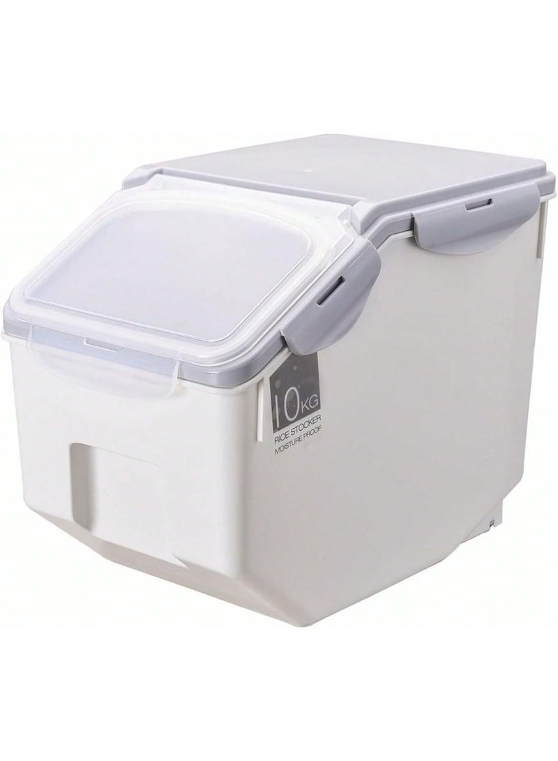10kg Rice Storage Container with Lid and Latches, White/Grey - Image 1