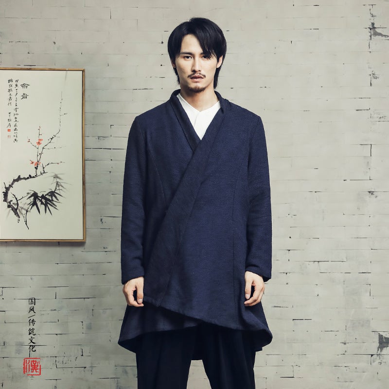 2021 Autumn New Arrival Coat Men'S Loose Chinese Style Cotton And Linen Men'S Coat Jacquard Mid-Length Lapel Men'S Coat - Image 4