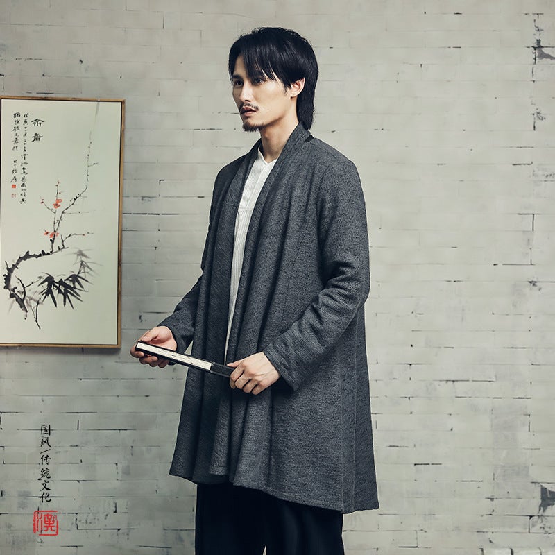 2021 Autumn New Arrival Coat Men'S Loose Chinese Style Cotton And Linen Men'S Coat Jacquard Mid-Length Lapel Men'S Coat - Image 2