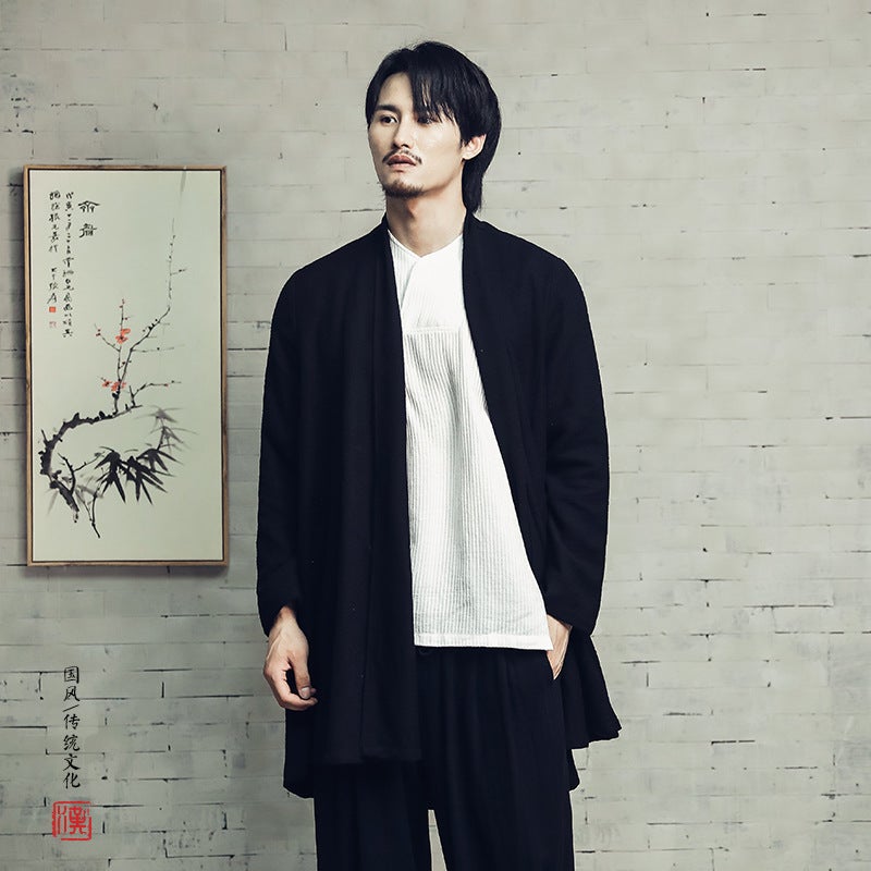 2021 Autumn New Arrival Coat Men'S Loose Chinese Style Cotton And Linen Men'S Coat Jacquard Mid-Length Lapel Men'S Coat - Image 5