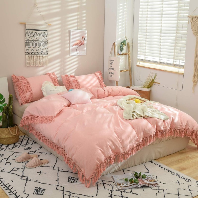 Softta Boho Twin Size 3Pcs Duvet Cover Set (1 Duvet Cover +2 Pillowcases) Pink 100% Washed Cotton Bedding Set Lightweight Aesthetic Bedding Sets for Girls Beddings Luxury Elegant Pink Tassel - Image 1