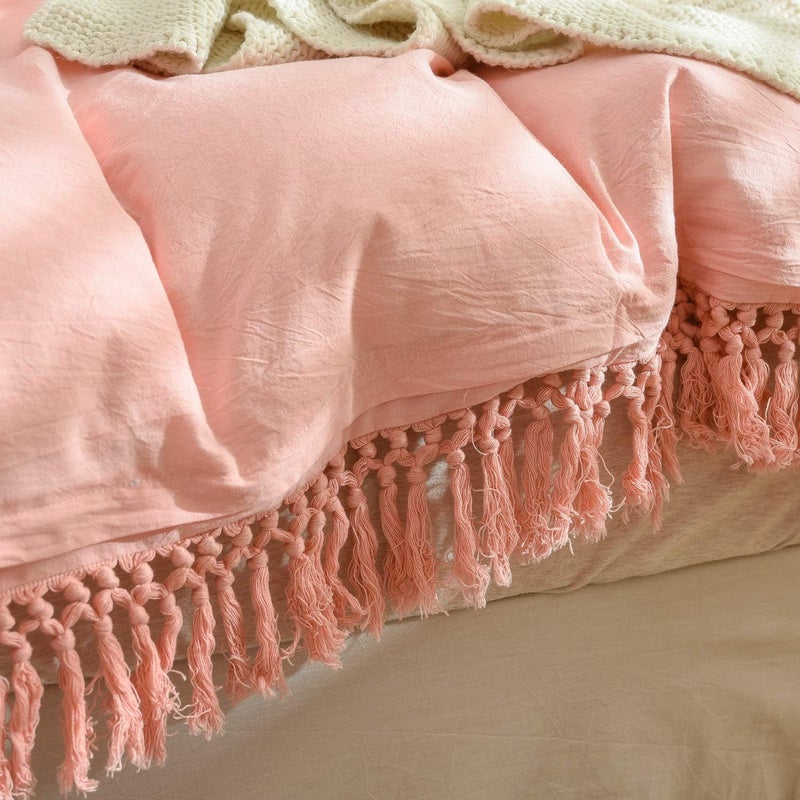 Softta Boho Twin Size 3Pcs Duvet Cover Set (1 Duvet Cover +2 Pillowcases) Pink 100% Washed Cotton Bedding Set Lightweight Aesthetic Bedding Sets for Girls Beddings Luxury Elegant Pink Tassel - Image 5