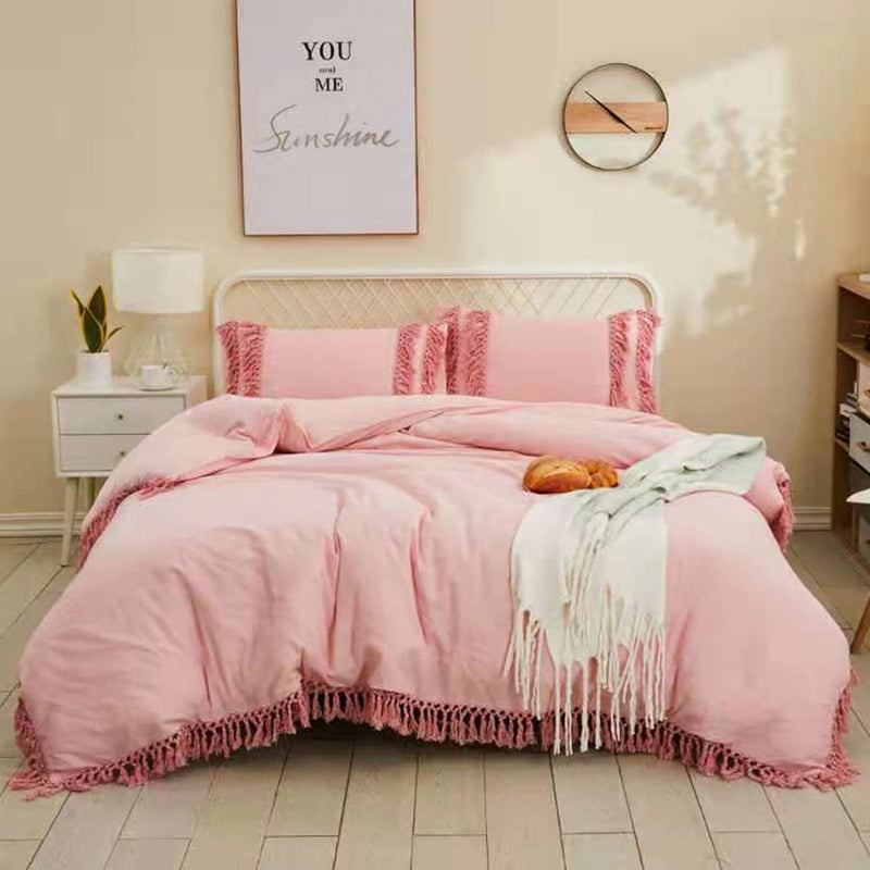 Softta Boho Twin Size 3Pcs Duvet Cover Set (1 Duvet Cover +2 Pillowcases) Pink 100% Washed Cotton Bedding Set Lightweight Aesthetic Bedding Sets for Girls Beddings Luxury Elegant Pink Tassel - Image 3