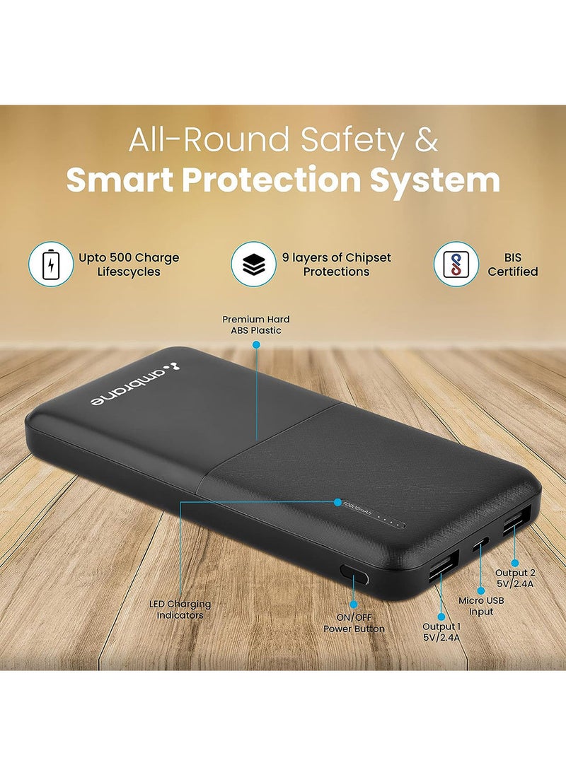 AMBRANE - Ambrane 20000 mah Power Bank With 20w Fast Charging, Triple Output, Power Delivery, Type C Input, Made in India, Multi-layer Protection, Li-polymer + Type C Cable (Stylo-20k, Black) - Image 1