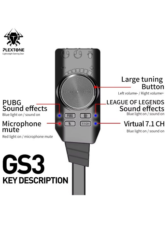 Plextone GS3 Mark II Virtual 7.1 Channel USB Sound Card Adapter Microphone and Stereo Sound Card Converter with Dual 3.5mm Headphone Jack, Including PUBG and League of Legends Sound Effects - Image 2