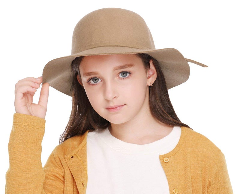 Bienvenu Kids Girl's Vintage Dome Wool Felt Bowler Cap Floppy Hat Bow,Camel - Image 3
