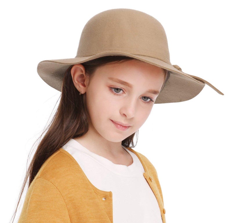 Bienvenu Kids Girl's Vintage Dome Wool Felt Bowler Cap Floppy Hat Bow,Camel - Image 1
