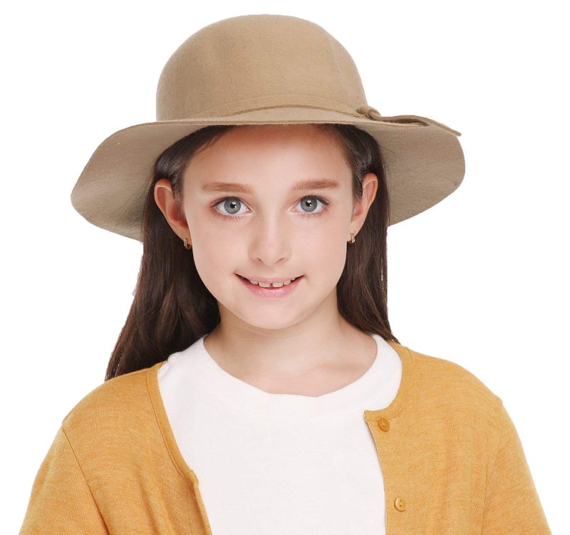 Bienvenu Kids Girl's Vintage Dome Wool Felt Bowler Cap Floppy Hat Bow,Camel - Image 4