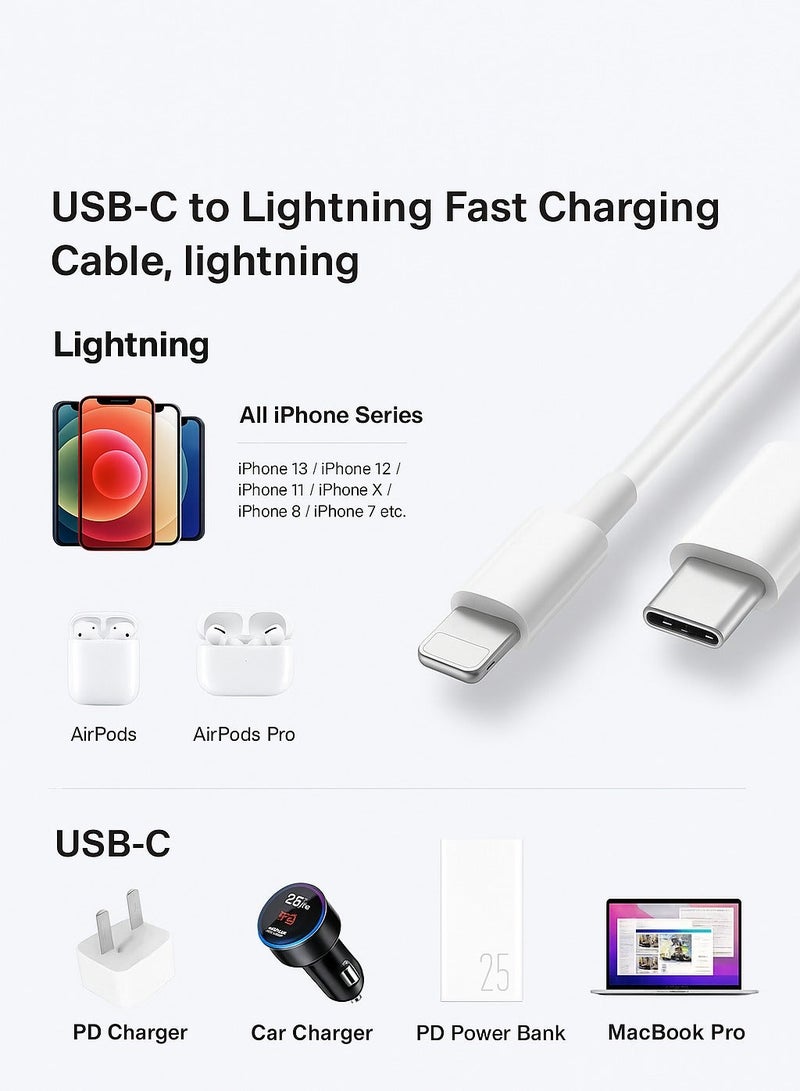 كابل USB-C إلى Lightning: كابل Type-C إلى Lightning، سهل الحمل، حماية من الدوائر القصيرة، 220-240 فولت، كابل شحن للهاتف، تصميم أنيق، كابل متين، شحن سريع لأجهزة iPhone 14 و13 و12 و11/Mini/Pro/ProMax وiPad، - أبيض، شاحن هاتف، متوافق مع الأجهزة، تصميم مضغوط، هيكل قوي، موصل معزز، عشاق التقنية، مالكي أجهزة iPad - Image 1