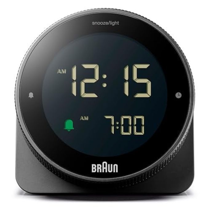 BRAUN Digital Alarm Clock with Snooze, Negative LCD Display, Rotating Bezel for Quick time Setting, Crescendo Beep Alarm in Black, Model BC24B. - Image 1