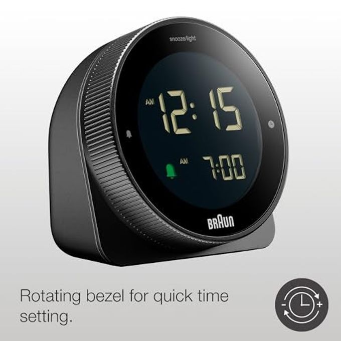 BRAUN Digital Alarm Clock with Snooze, Negative LCD Display, Rotating Bezel for Quick time Setting, Crescendo Beep Alarm in Black, Model BC24B. - Image 2