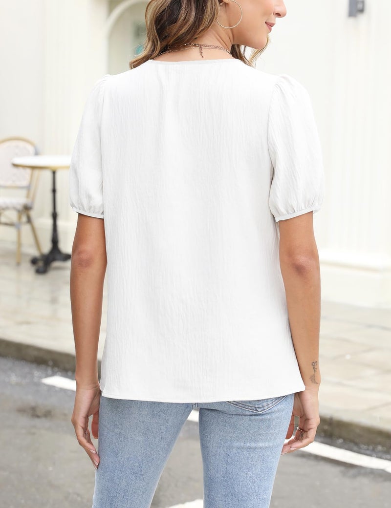 CiCiBird Womens Dressy Casual Shirt Summer Work Blouses Tie Front Puff Short Sleeve Tops Pure White M - Image 2