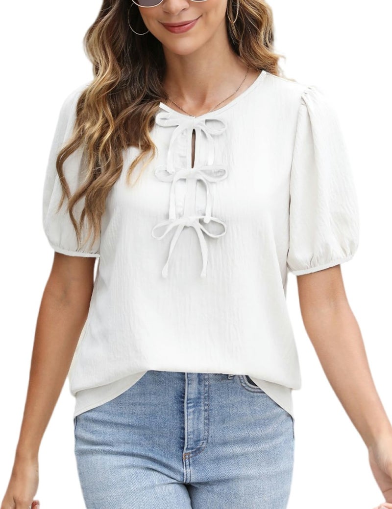 CiCiBird Womens Dressy Casual Shirt Summer Work Blouses Tie Front Puff Short Sleeve Tops Pure White M - Image 1