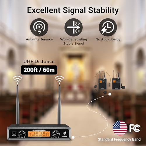 TONOR UHF Wireless Microphones System with Headset/Lavalier Lapel Mics, Bodypack Transmitter, Receiver, 2 * 15 Channels, 60 m/200ft Range for Live Singing Karaoke Church Party DJ, 2 Bodypack Mics - Image 2