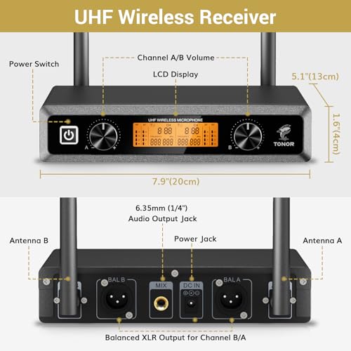 TONOR UHF Wireless Microphones System with Headset/Lavalier Lapel Mics, Bodypack Transmitter, Receiver, 2 * 15 Channels, 60 m/200ft Range for Live Singing Karaoke Church Party DJ, 2 Bodypack Mics - Image 3