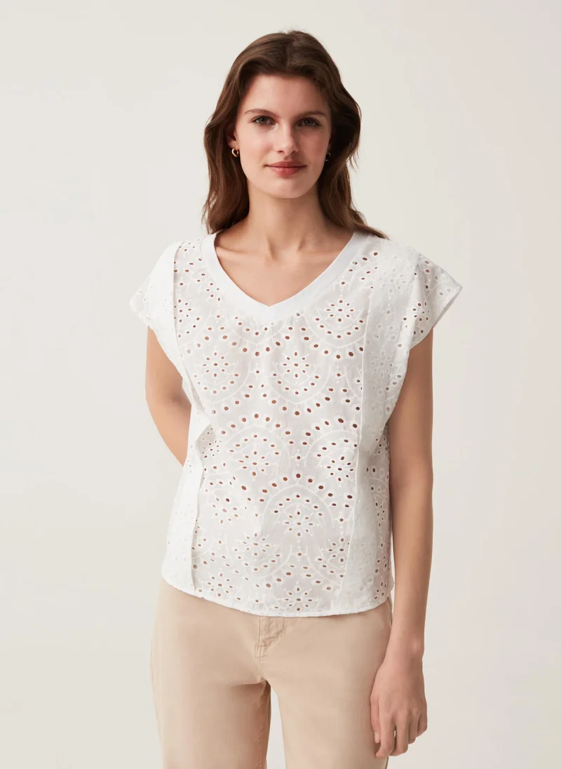 Ovs Ovs T-Shirt With V Neck And Broderie Trim