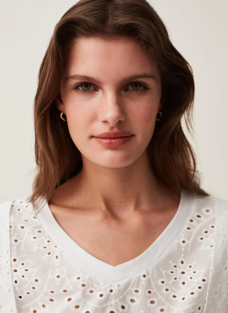 Ovs Ovs T-Shirt With V Neck And Broderie Trim