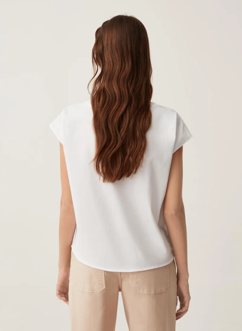 Ovs Ovs T-Shirt With V Neck And Broderie Trim