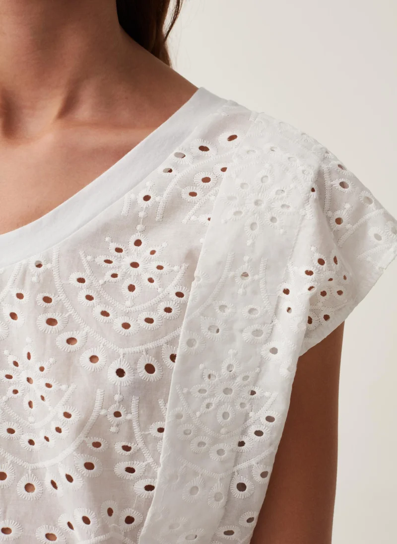 Ovs Ovs T-Shirt With V Neck And Broderie Trim