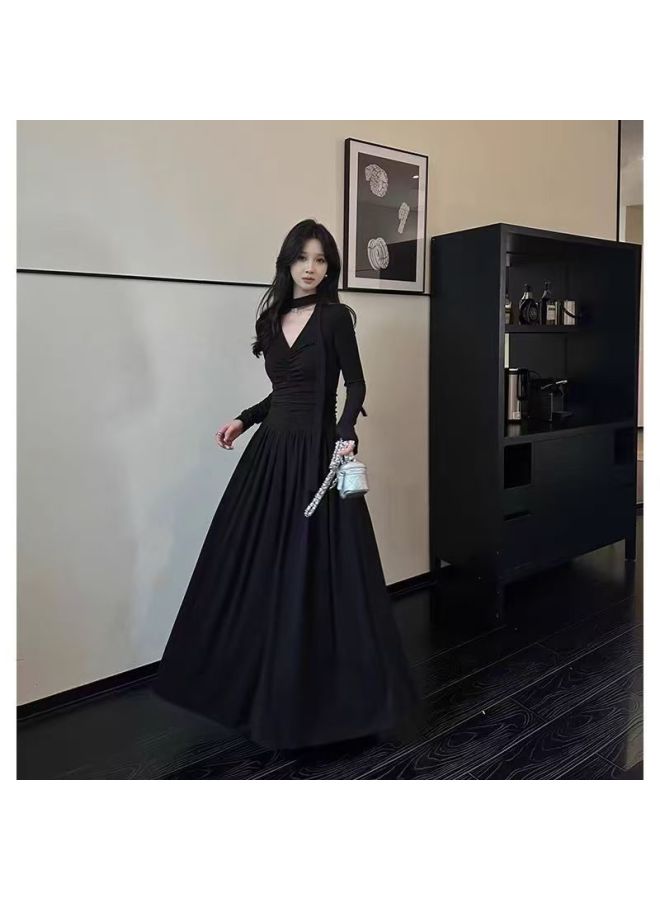 Black Niche Design Pleated Ribbon Dress Autumn Slim A-line Knitted Long Skirt