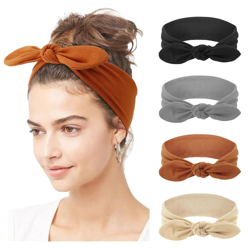 DRESHOW 4 Pack Adjustable Knotted Headbands Non Slip Elastic Yoga Hair Bands Solid Colors Headbands for Women and Girls
