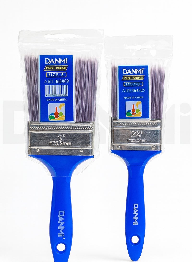 DANMI 2-Piece Set – DANMI Paint Brushes (3" + 2.5") – Blue Plastic Handles with Metal Ferrules, Dual Rivets – ART:360503 + ART:360525 – Made in China - Image 1
