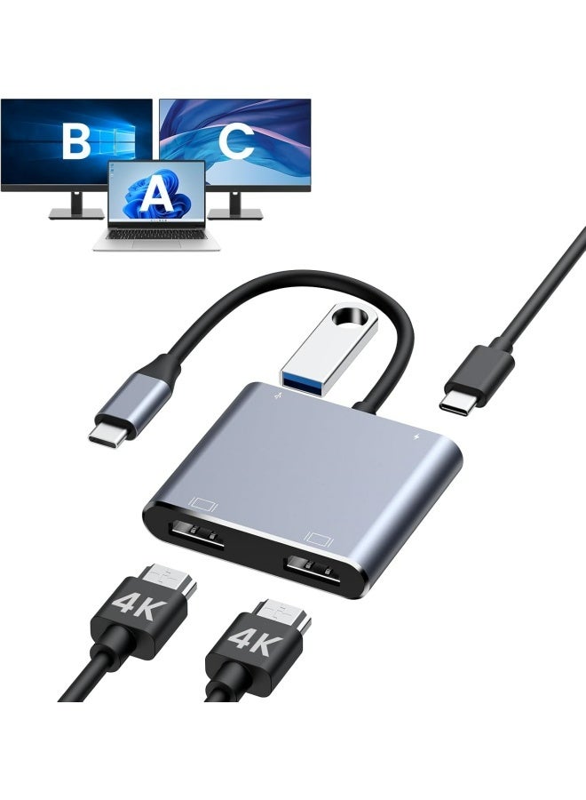 Apluynm USB C to Dual HDMI Adapter, 4K@60Hz HDMI Splitter for Dual Monitors Extended Display, 100W PD Charging, USB-A Port, Windows Supports Multi-Monitor with 3 Screens, macOS Limited to Mirror Mode - Image 1