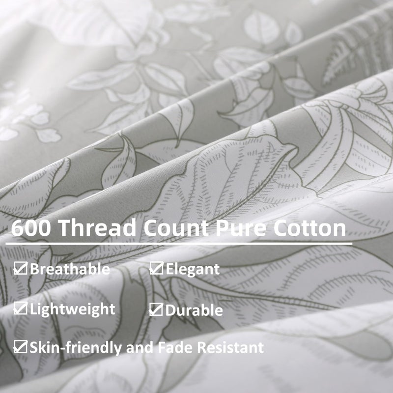 OAITE Duvet Cover Set Queen Size Floral Pattern 600 Thread Count Ultra Soft 100% Long Staple Cotton Duvet Cover Sets 3-PC  Breathable Duvet Cover with Zipper Closure & Corner Ties - Image 5