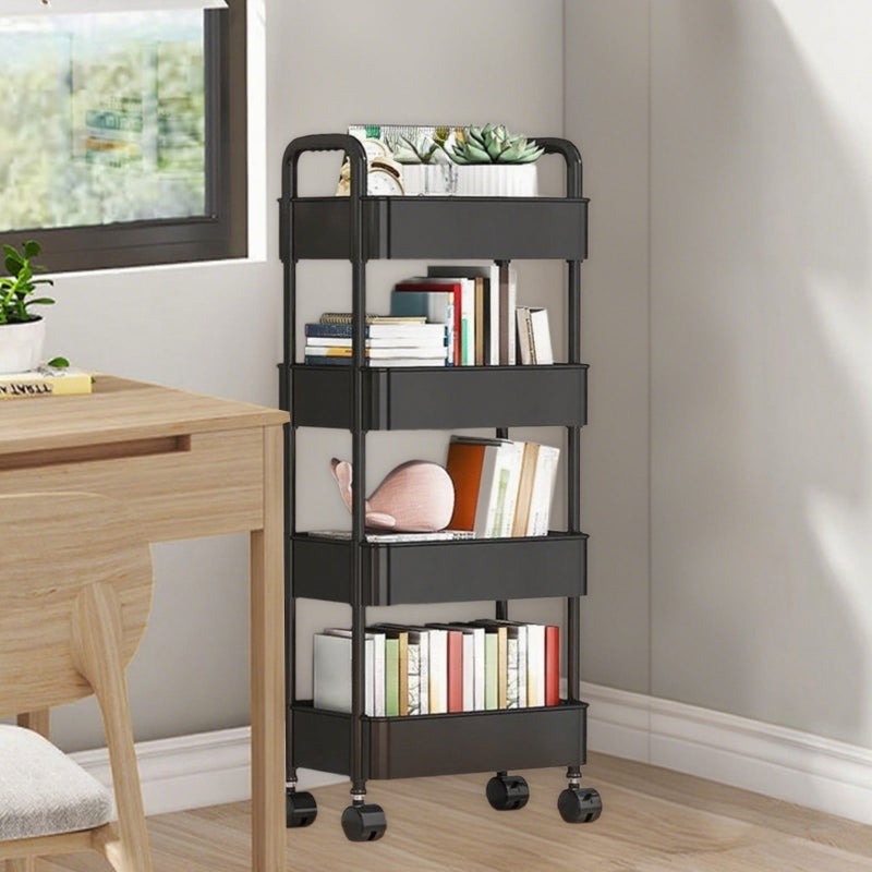 Four-Tier Plastic Storage Cart with Wheels, Mobile Shelving Unit with Handle, Black - Image 3