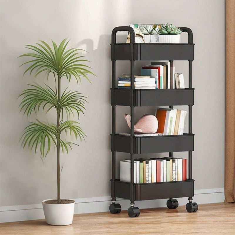 Four-Tier Plastic Storage Cart with Wheels, Mobile Shelving Unit with Handle, Black - Image 2